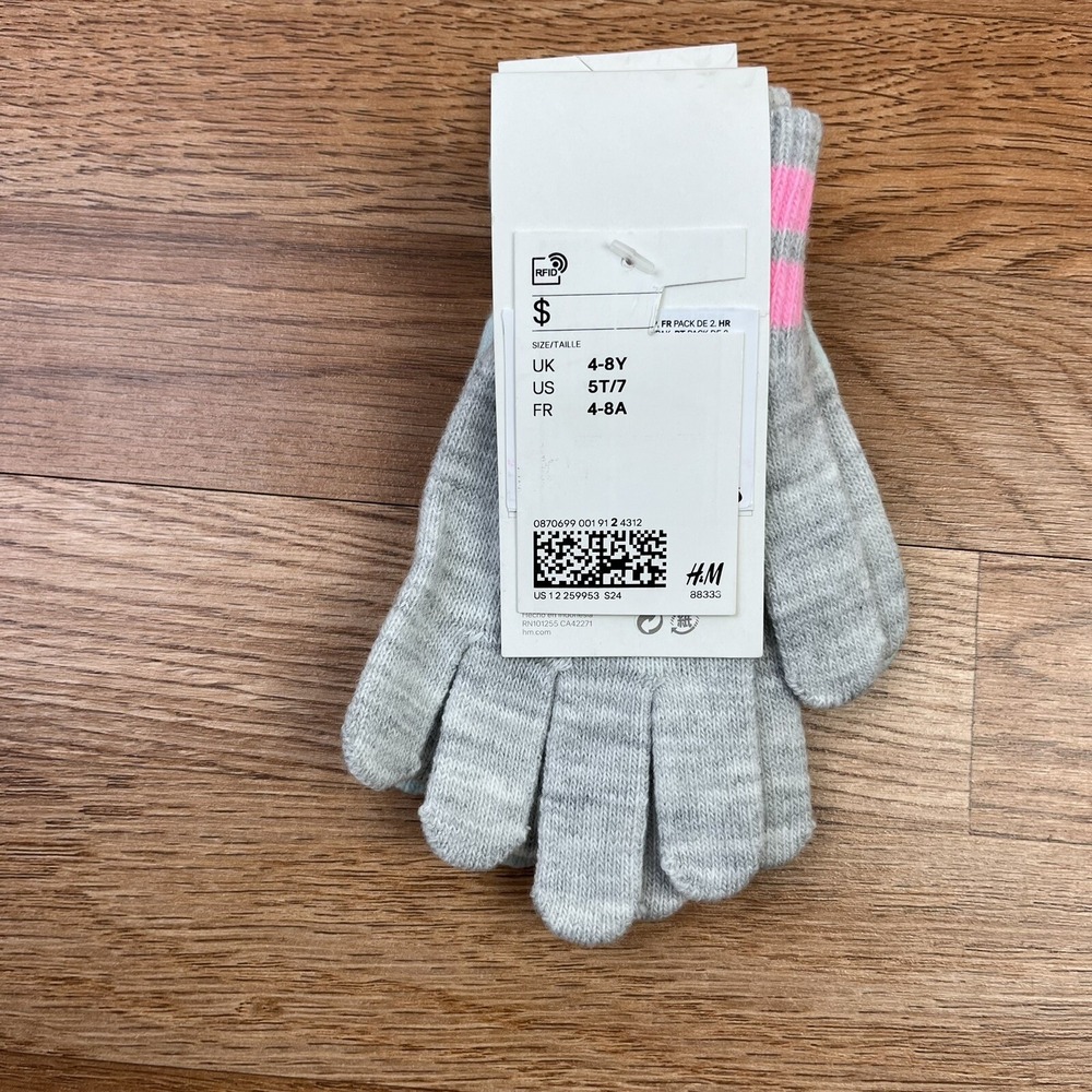 H&M Lot of 2 Pairs Girls Gloves Size 5t/7 Grey Green Cat NEW